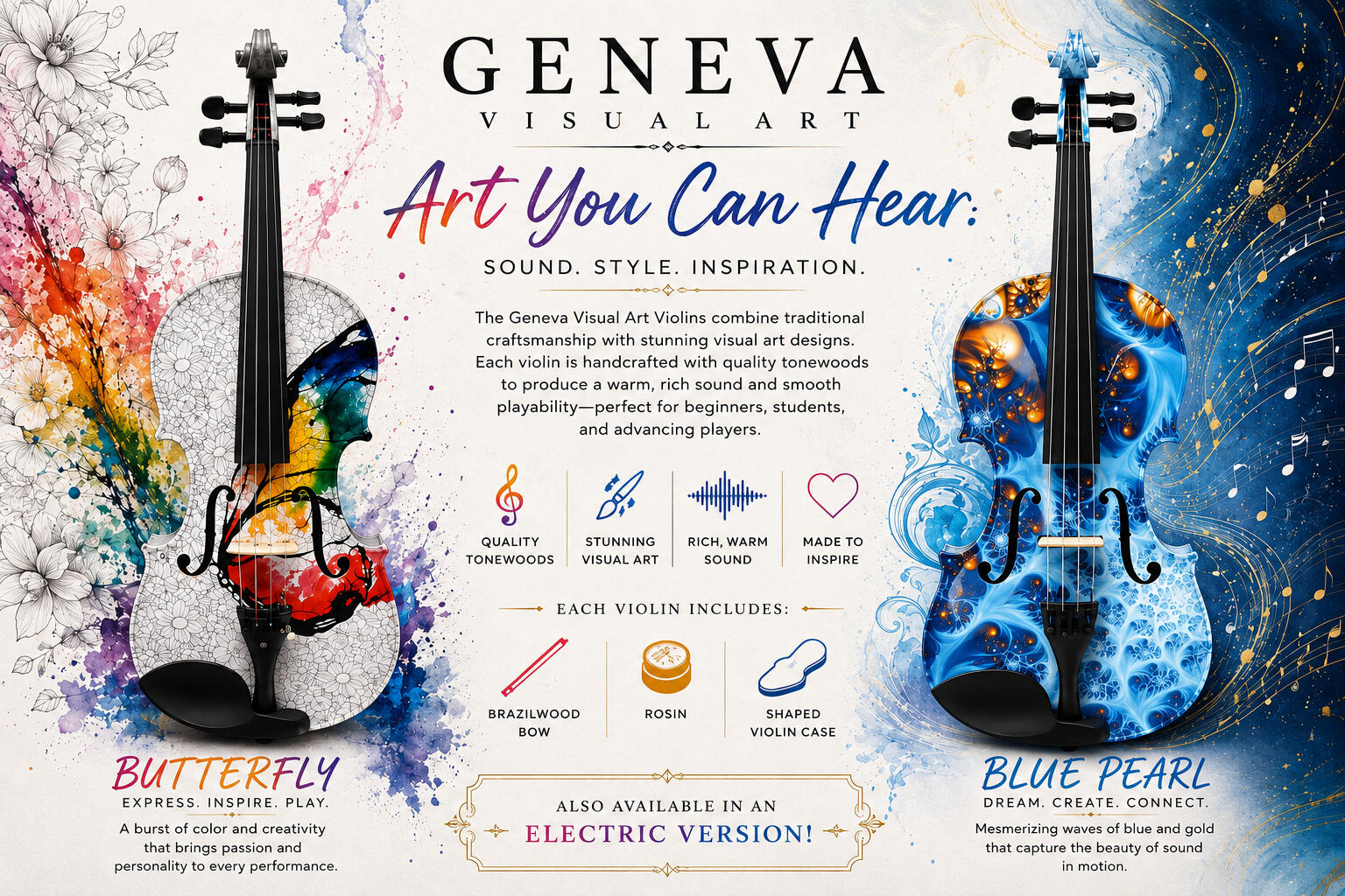 Geneva Visual Art Blue Pearl and Butterfly violins with vibrant colorful artwork and distinctive decorative design