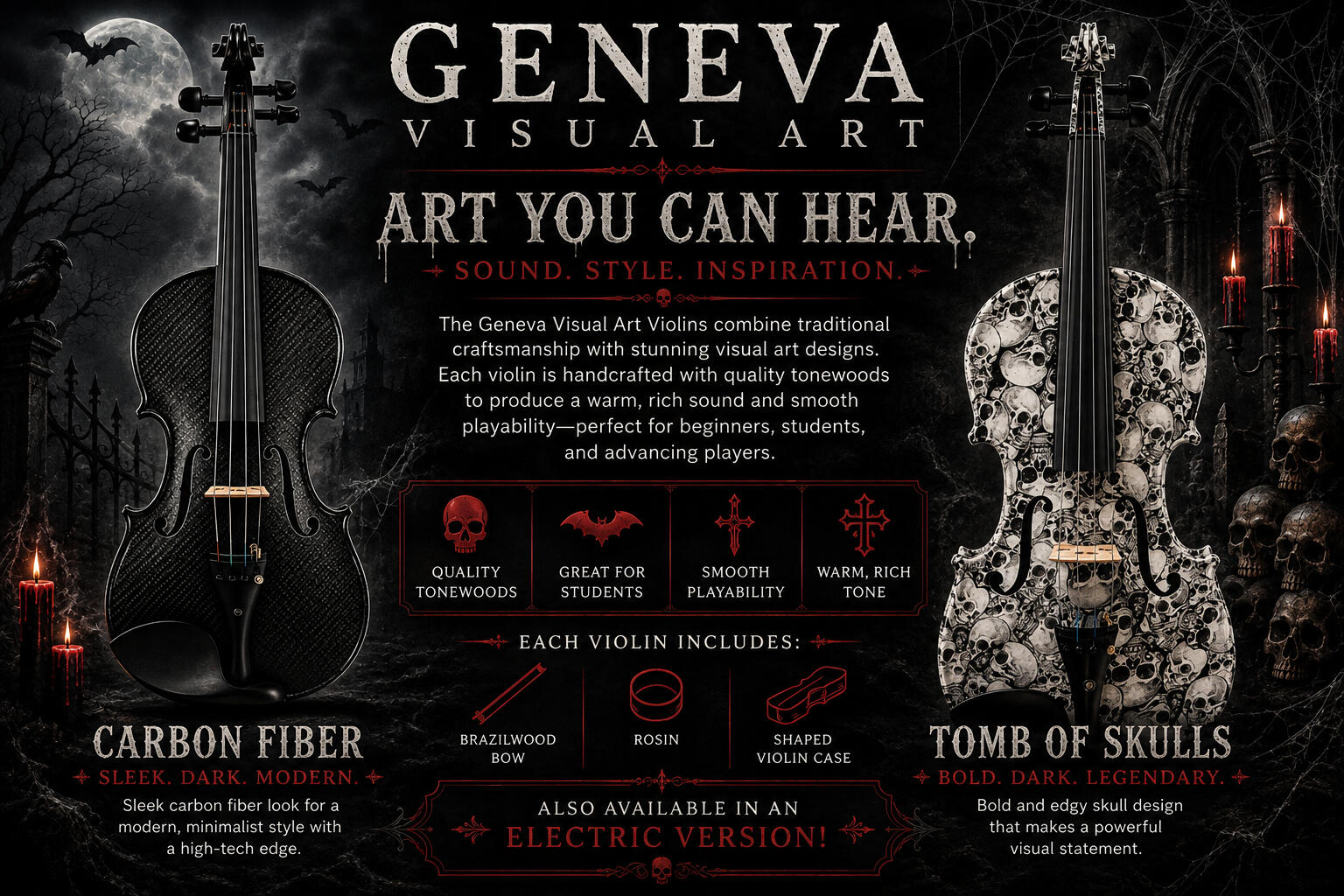 Geneva Visual Art Carbon & Tomb of Skulls Violins – Gothic & Halloween Designs Geneva Visual Art Carbon and Tomb of Skulls violins featuring striking black carbon fiber and skull artwork designs Gothic Violins
