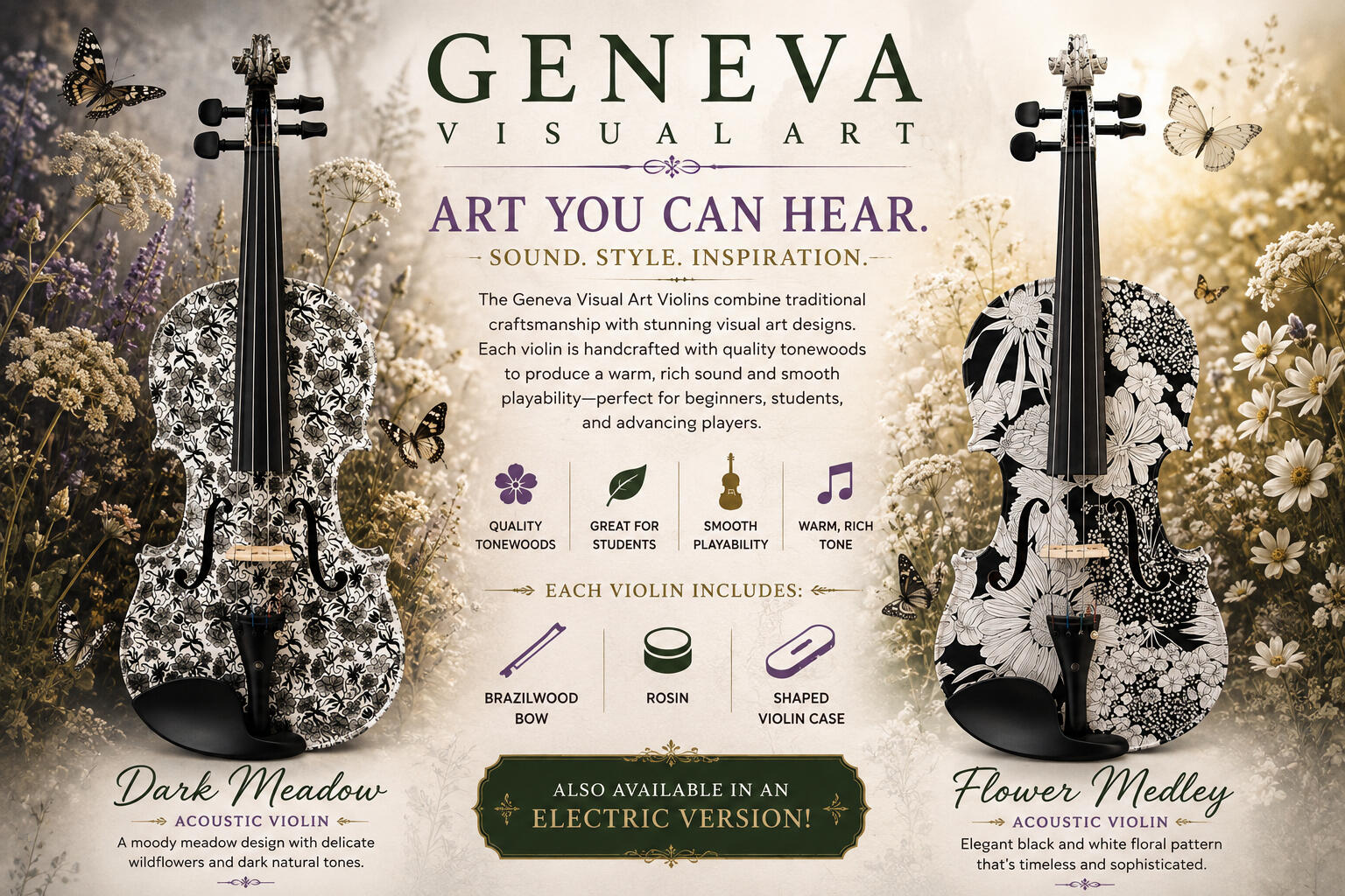Geneva Visual Art – Dark Meadow & Flower Medley | Artistic Floral Violin Geneva Visual Art Dark Meadow and Flower Medley violins featuring elegant black and white floral artwork inspired by meadows and wildflowers