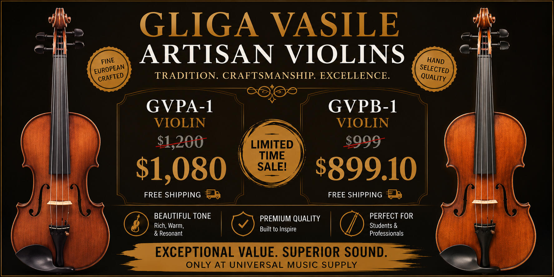Gliga 10% Off Summer Sale | Violins, Violas & Cellos | Universal Music Supply Gliga Summer Sale banner promoting 10% off Gliga violins, violas, cellos, and string instruments at Universal Music Supply. Limited-time savings on quality handcrafted instruments.