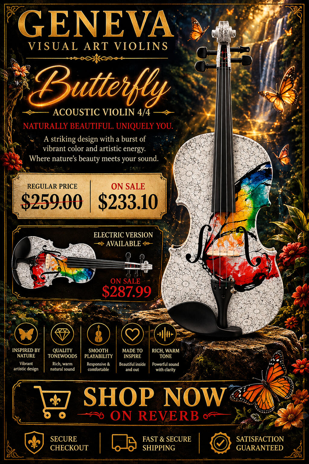 Geneva Visual Art Blue Pearl and Butterfly violins with vibrant colorful artwork and distinctive decorative design