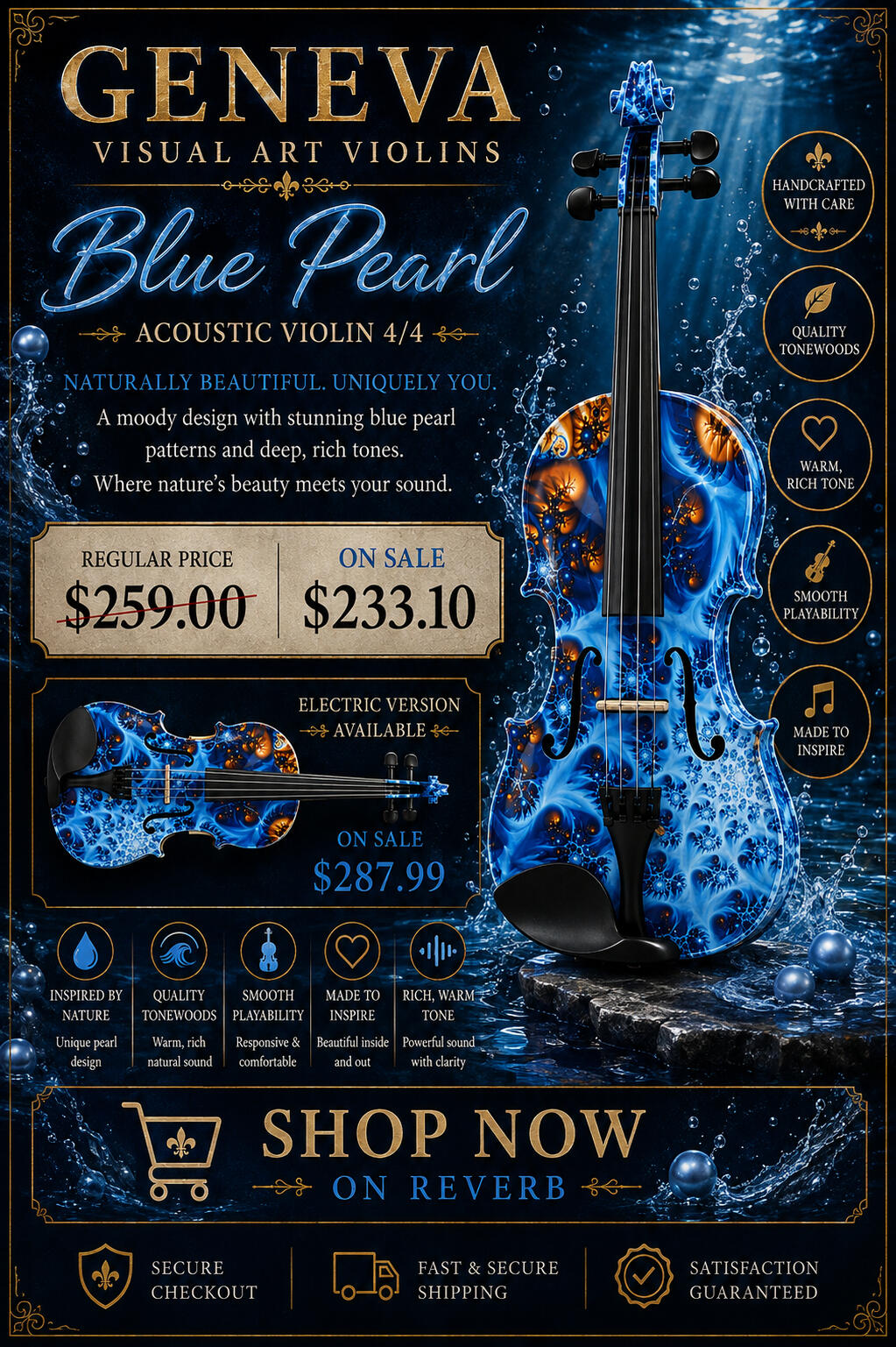 Geneva Visual Art Blue Pearl and Butterfly violins with vibrant colorful artwork and distinctive decorative design