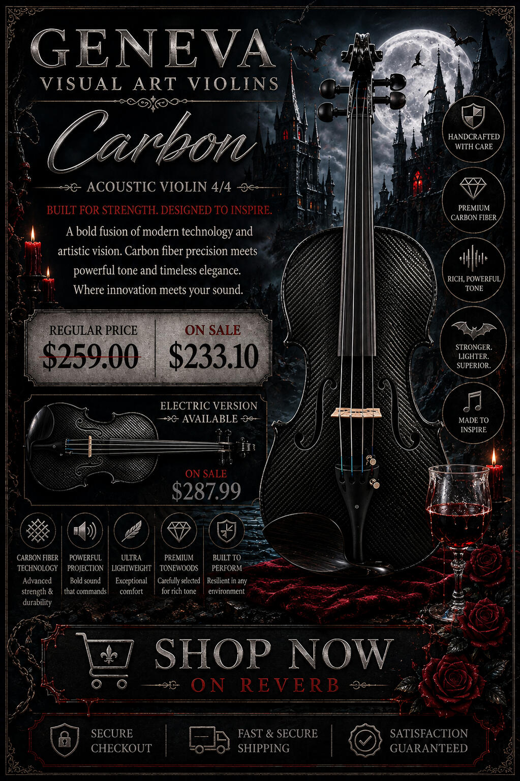 Geneva Visual Art Blue Pearl and Butterfly violins with vibrant colorful artwork and distinctive decorative design